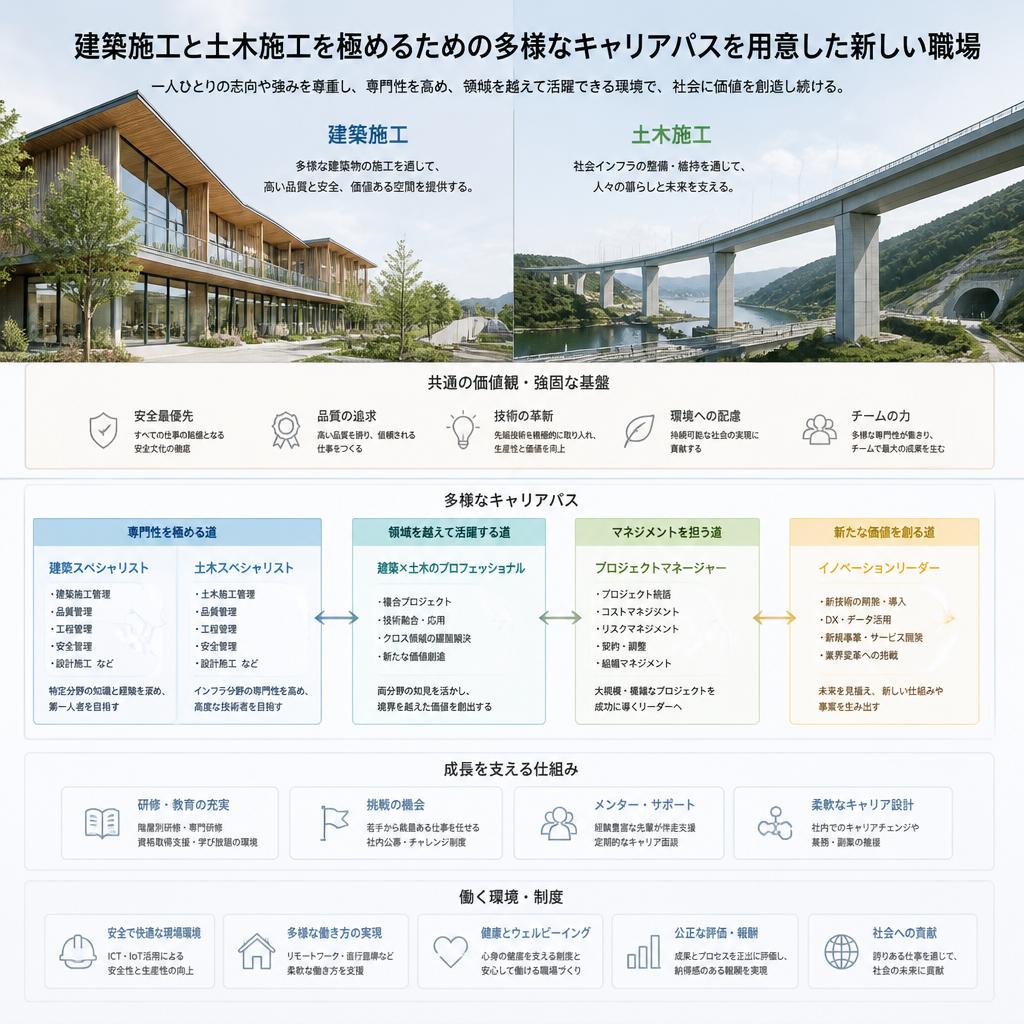 建築施工と土木施工を極めるための多様なキャリアパスを用意した新しい職場